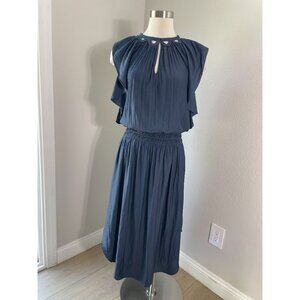Ramy Brook Womens Small Navy Blouson Midi Dress Crochet Wrenn Flutter Sleeve
